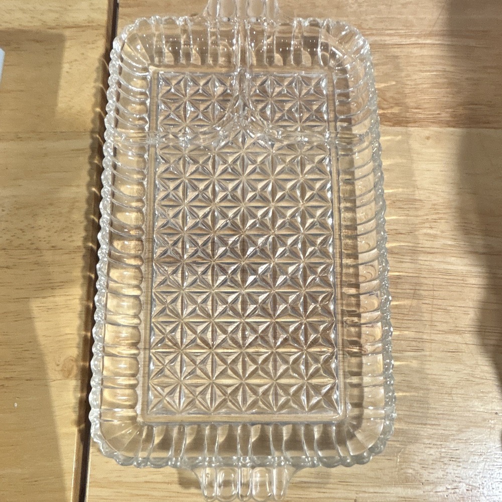 4 Vintage Clear Pressed Glass Diamond Point Rectangular Serving Tray w/ Handles